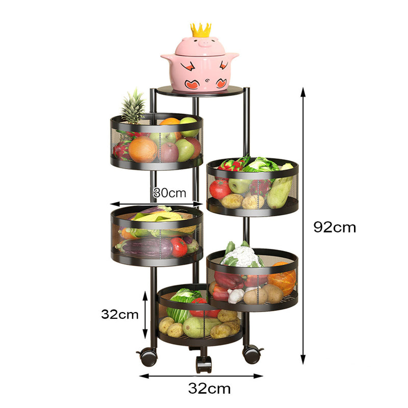 5 Tier Carbon Steel Rotating Kitchen Cart Mesh 92cm Black Locking Wheels