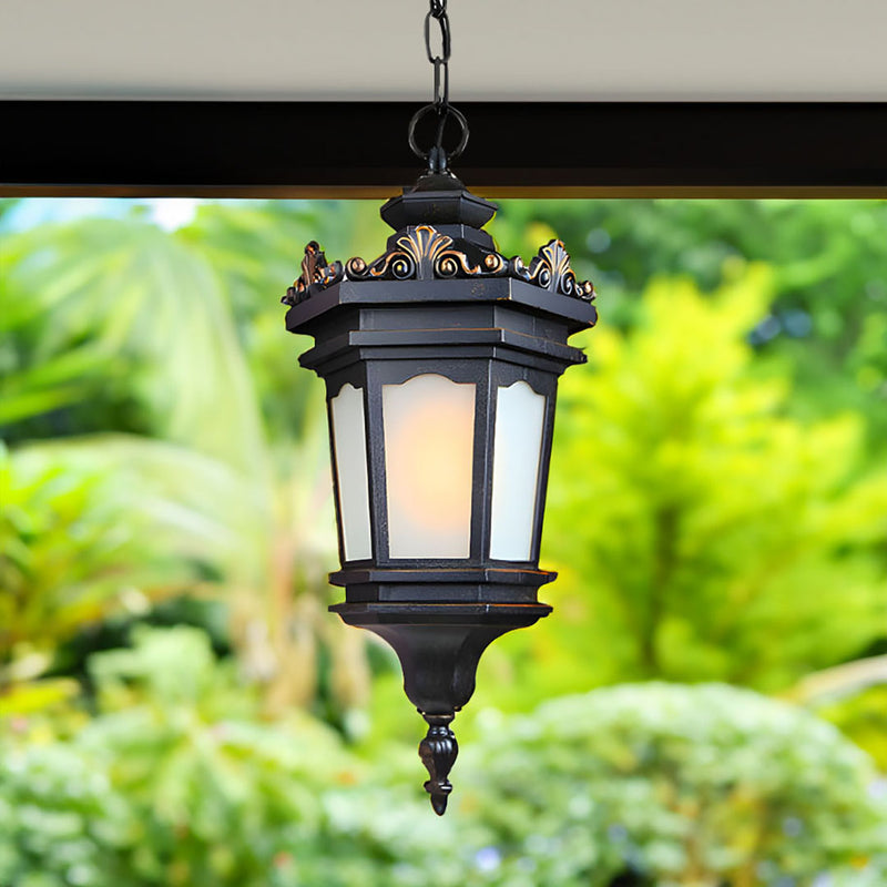 6X Vintage Hanging Lantern Chandelier Aluminum And Glass 25cmx54.5cm Black