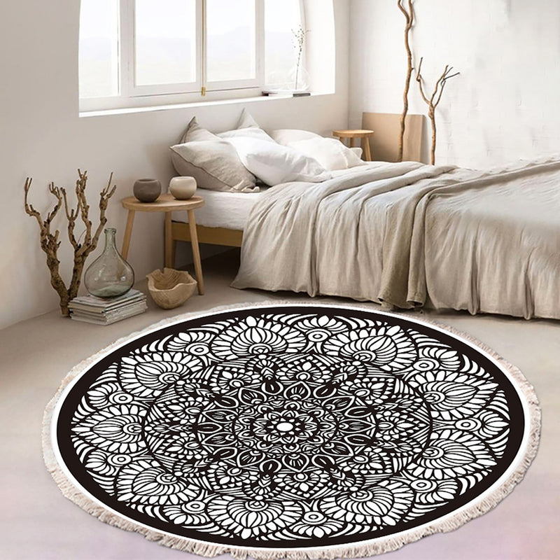 2X 120cm Mandala Round Polyester Rug Anti Slip Backing Tassel Print