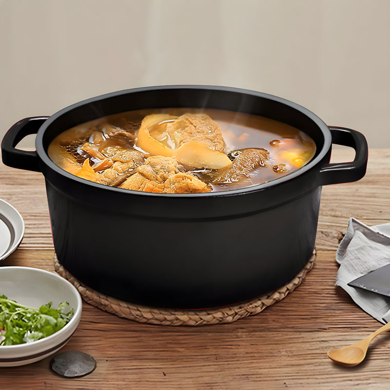 Cast Iron 24cm Casserole Stewpot 3.6L With Lid Black Enamel Interior