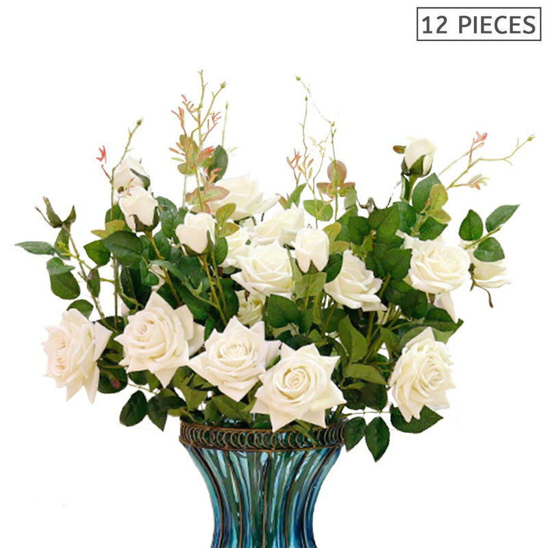 Artificial Silk Rose Bouquet 12pcs Real Touch 85cm White Table Decor