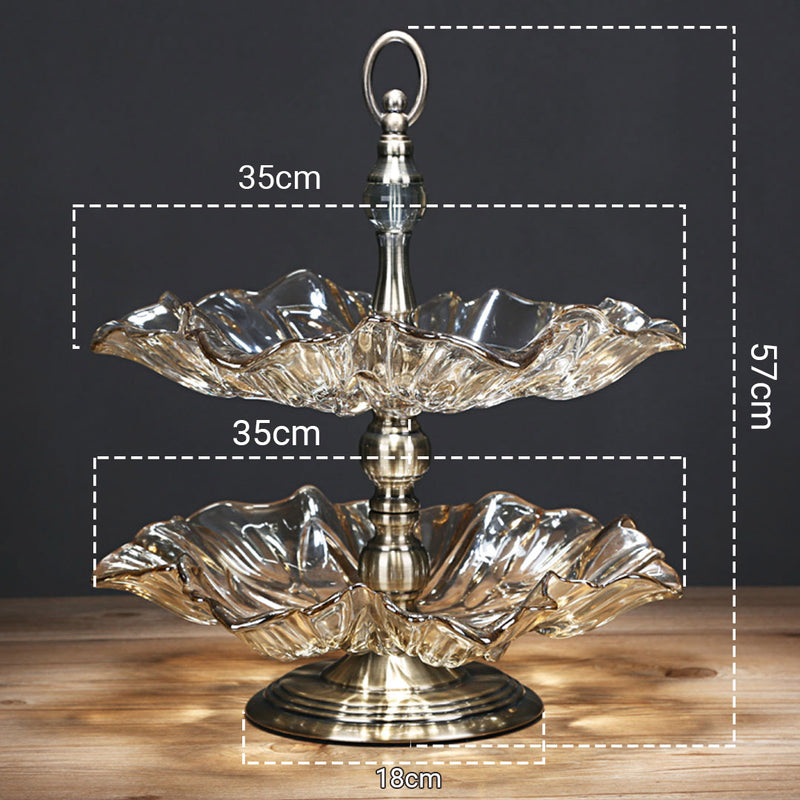 2 Tier Lotus Glass Iron Fruit Bowl 35cm X 57cm Translucent Bronze