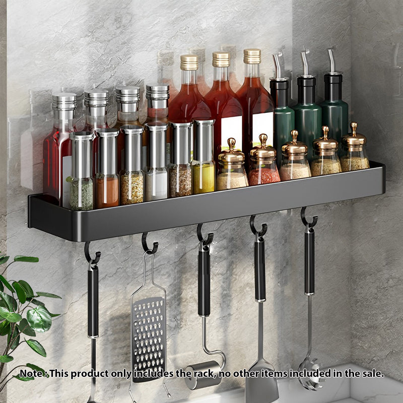 2X Wall Mounted Space Saving Aluminum Spice Rack 30x15x5.5cm Black With Hooks