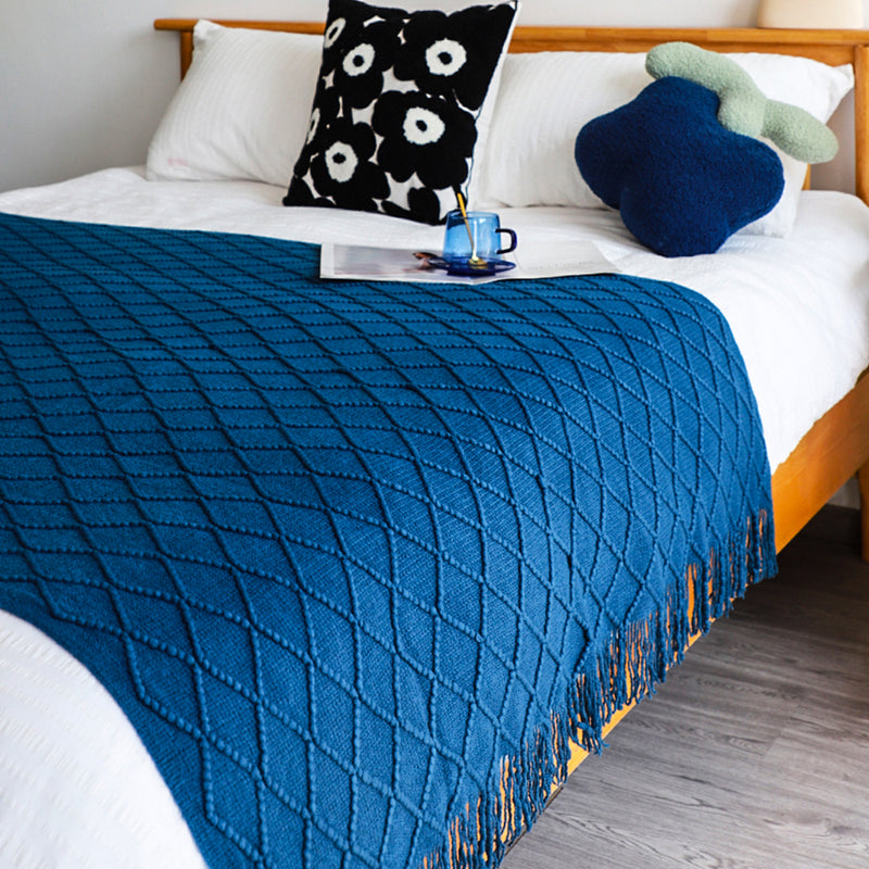 2X Royal Blue Acrylic Knitted Throw Blanket 130x230cm Diamond Fringed