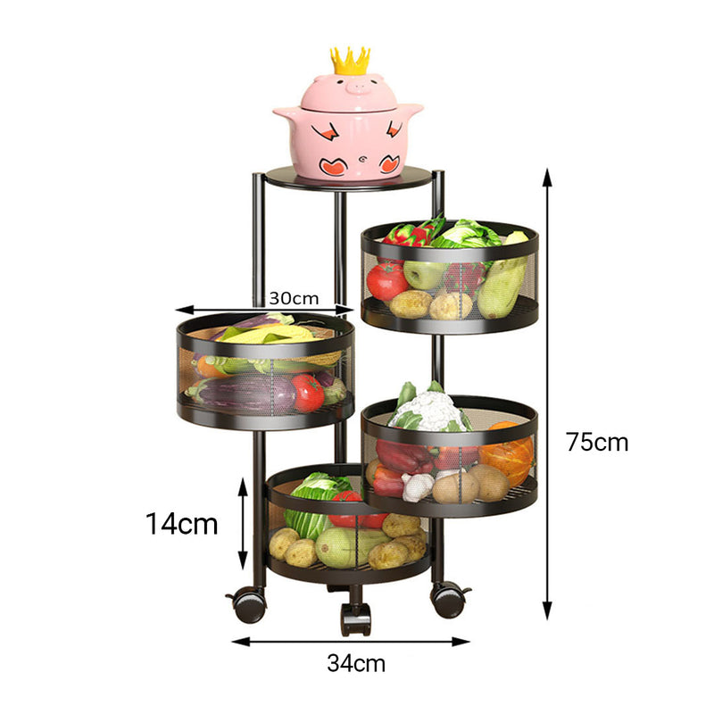 2X 4 Tier Carbon Steel Rotating Kitchen Cart 97cm Black Locking Wheels
