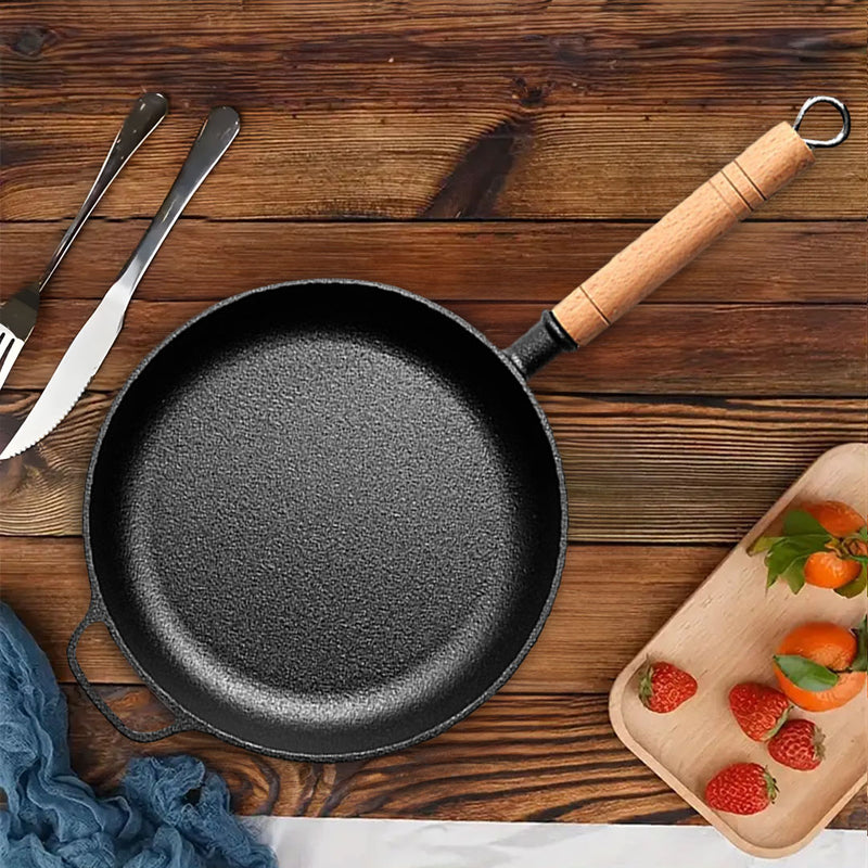 2X 25cm Round Cast Iron Skillet Non Stick Pre Seasoned Wooden Helper Handle