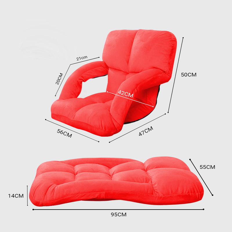 Foldable Floor Recliner Chair Adjustable Flannel Lounge with Armrest Red