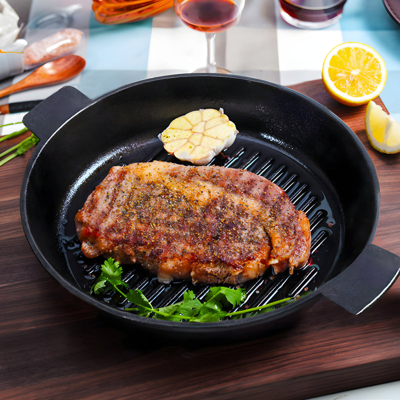 25cm Round Ribbed Cast Iron Frying Pan Skillet Non-Stick Sizzle Platter