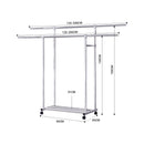 2X Stainless Steel Clothes Rack 120cm Floor Standing Double Rod With Wheels