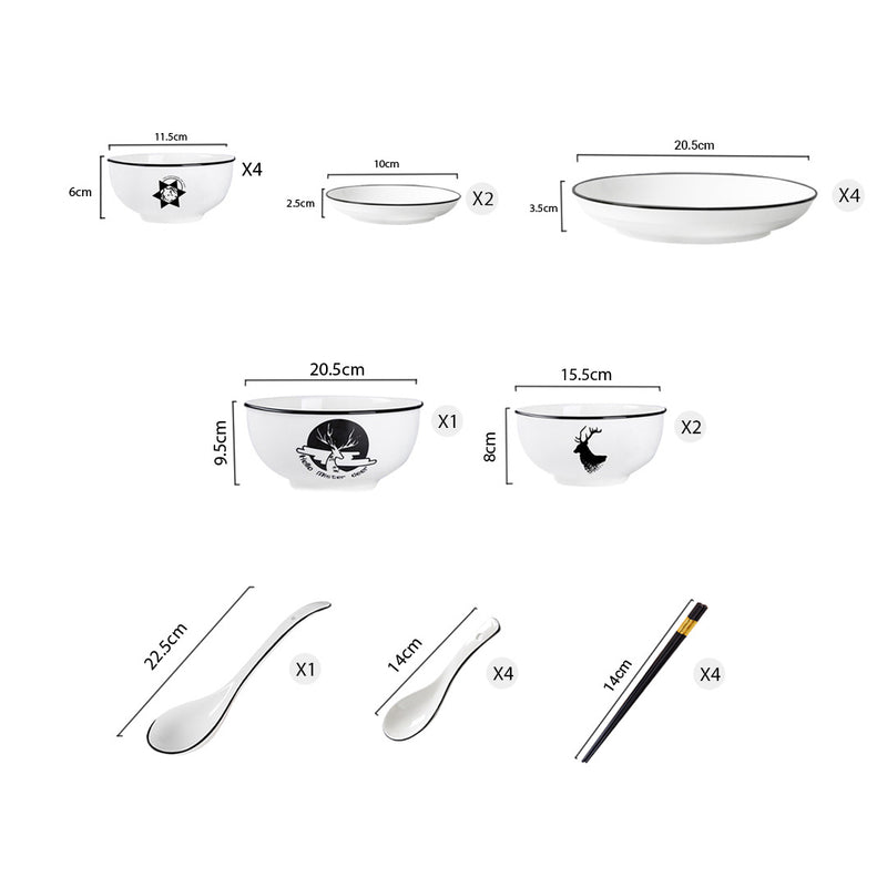 White Antler Printed Ceramic Dinnerware 4.5in Bowls 8in Plates Set of 13