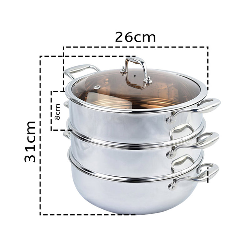 2X 3 Tier 26cm Stainless Steel Food Steamer Stackable Pot with Glass Lid