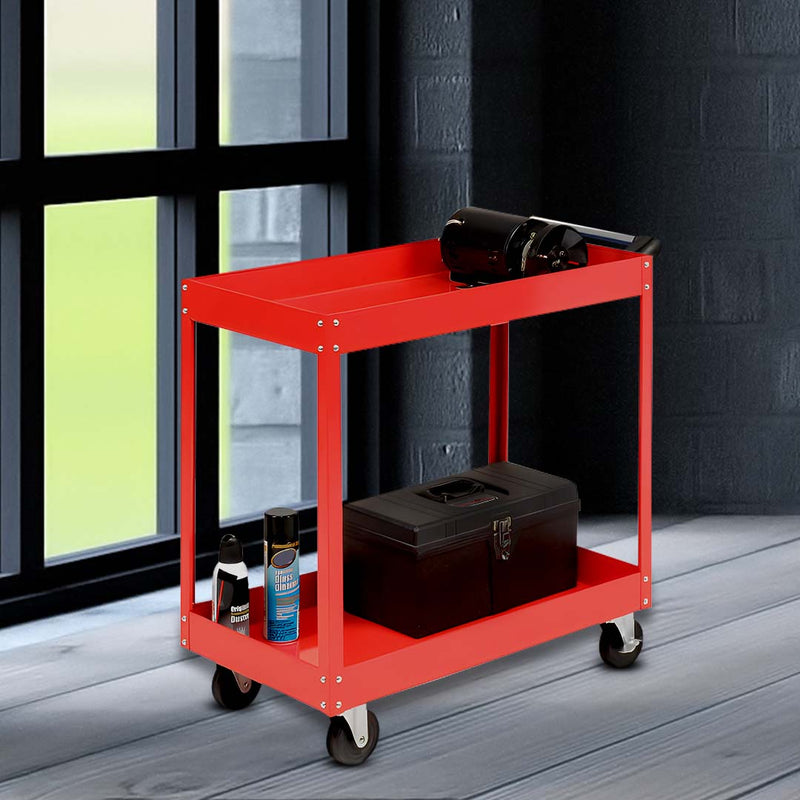 2 Tier Tool Cart Cold-rolled Steel Portable Utility Trolley Red 25kg Capacity