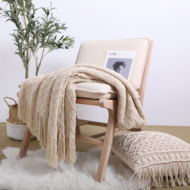 Knitted Throw Blanket 100% Acrylic 130cmx170cm Beige Diamond Pattern Tassels