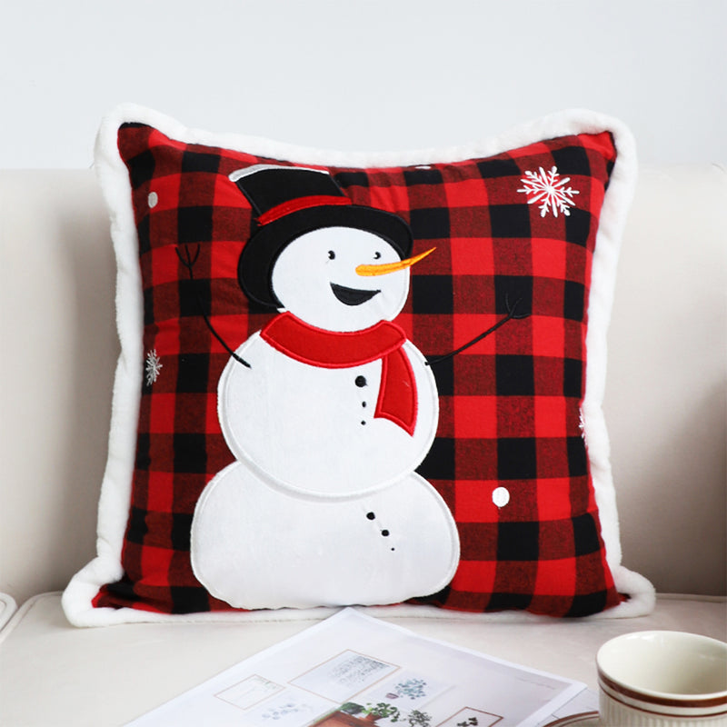 Throw Pillow Plush Polyester 45cm Square Embroidered Snowman Red Christmas Decor