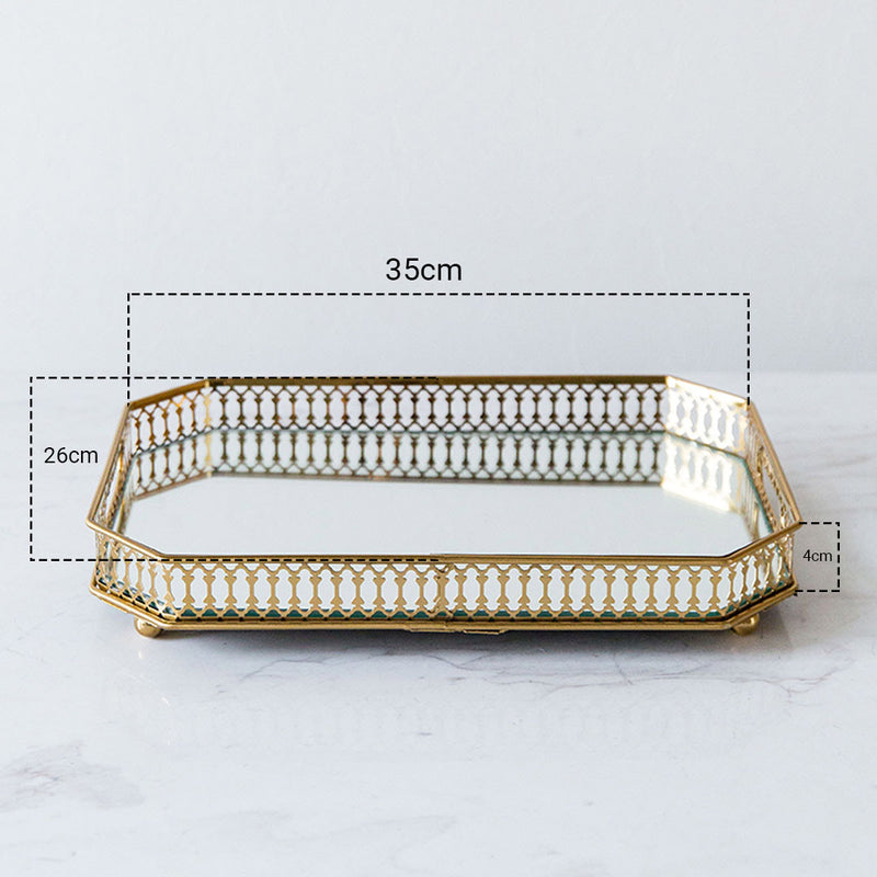 35cm X 26cm Gold Rectangular Ornate Glass Mirror Vanity Tray With Handles