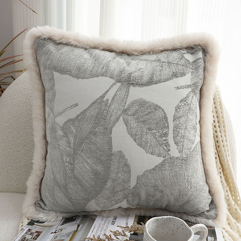 2X 45cm Velvet Leaf Embroidery Square Pillow Soft Silver Throw Cushion