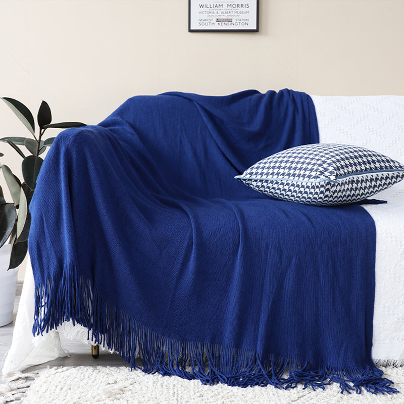 Royal Blue Acrylic Knitted Throw Blanket Fringed Warm Cozy Home Decor