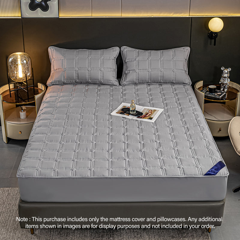 2X Grey 183cm Wide Quilted Polyester Mattress Cover Set with Pillow Covers