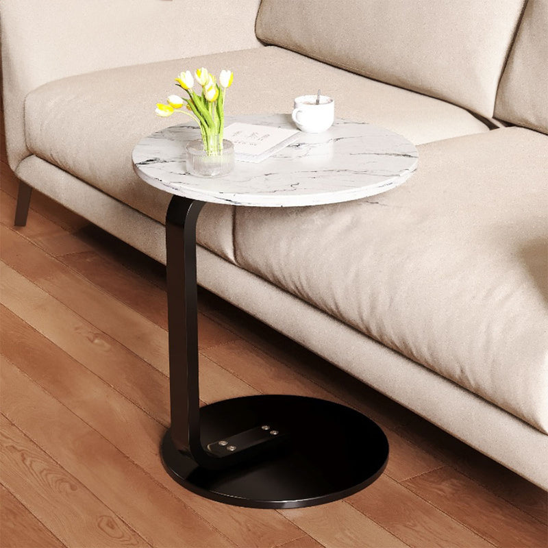 White Marble Mini Side Table 50cm Lightweight Portable Black Metal Frame