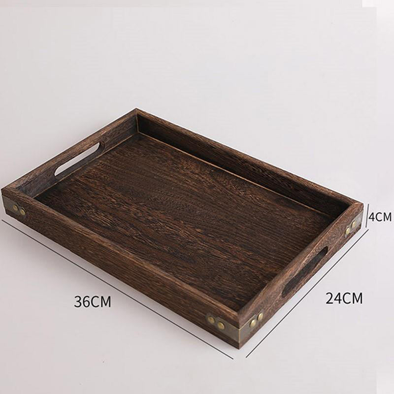 2X Medium Walnut Rectangle Wooden Serving Tray Tung Wood Metal 36cmx24cmx4cm