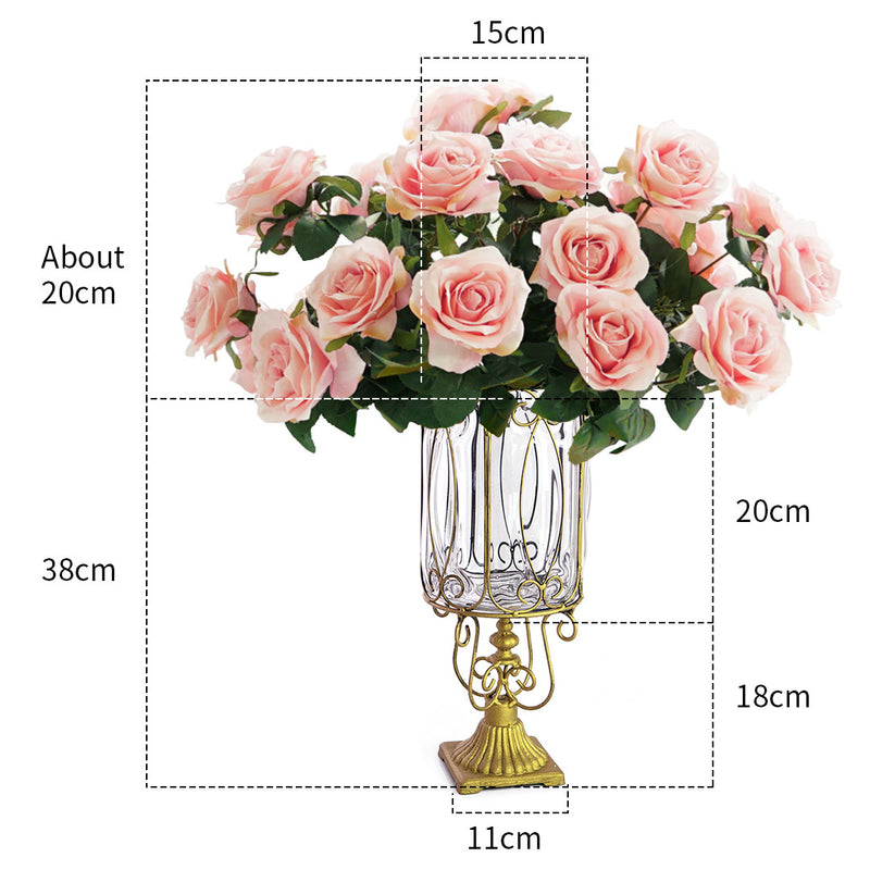 Clear Glass Flower Vase with 4 Bunch 9 Heads Artificial Silk Rose Decor Set