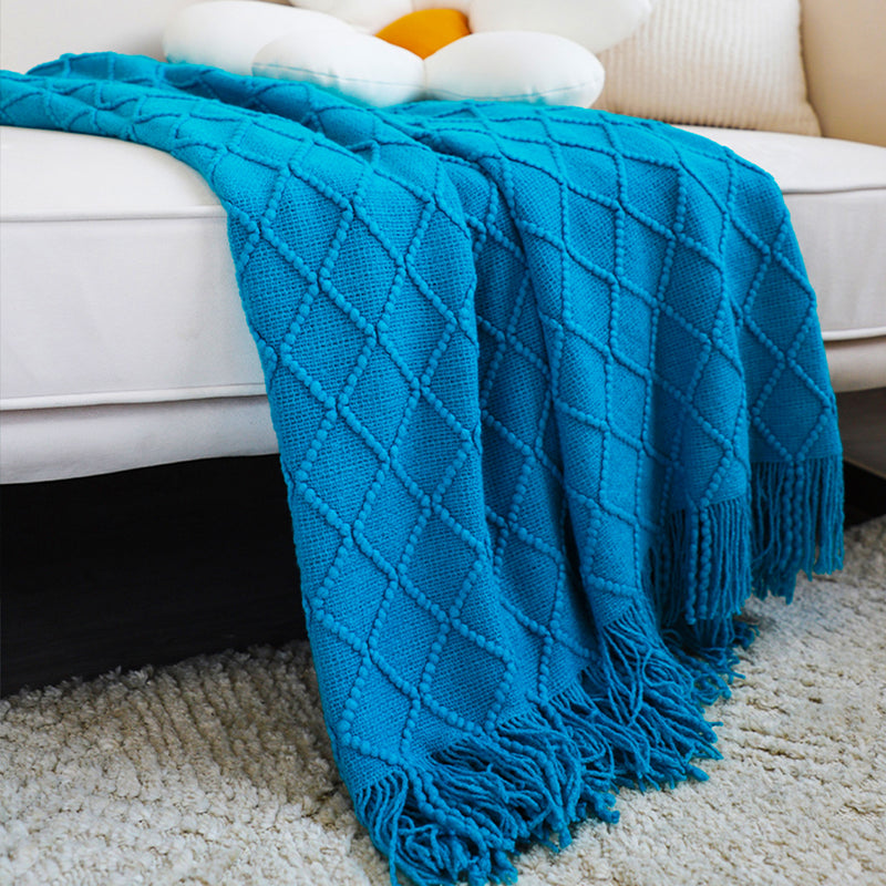 2X Blue Diamond Pattern Throw Blanket 100% Acrylic 130cmx230cm Tassels