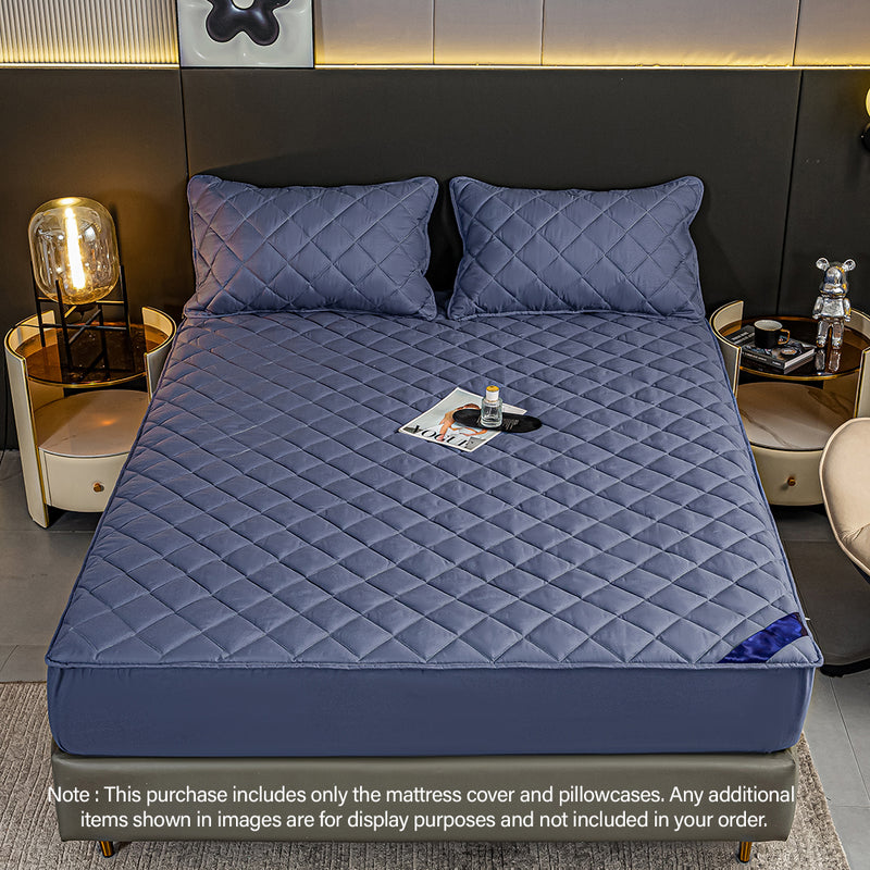 Blue Polyester Quilted Mattress Cover 203x153x40cm 2 Pillow Covers