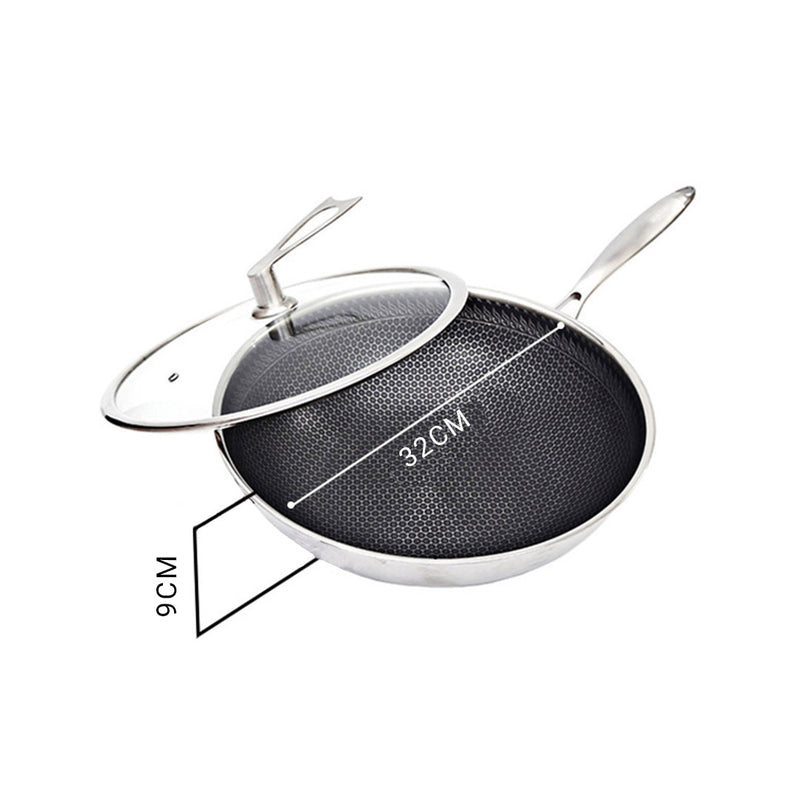 2X 32cm Stainless Steel Tri-Ply Fry Pan Non Stick Skillet With Glass Lid