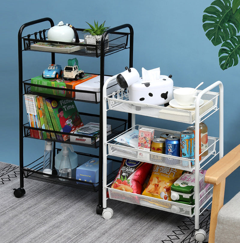 2X Black 3 Tier Steel Mesh Kitchen Cart Portable Storage Shelves with Wheels