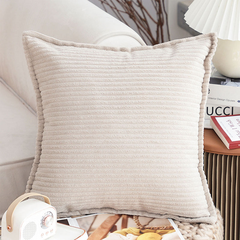 2X Beige 45cm Velvet Throw Pillow Corduroy Striped Soft Square Cushion
