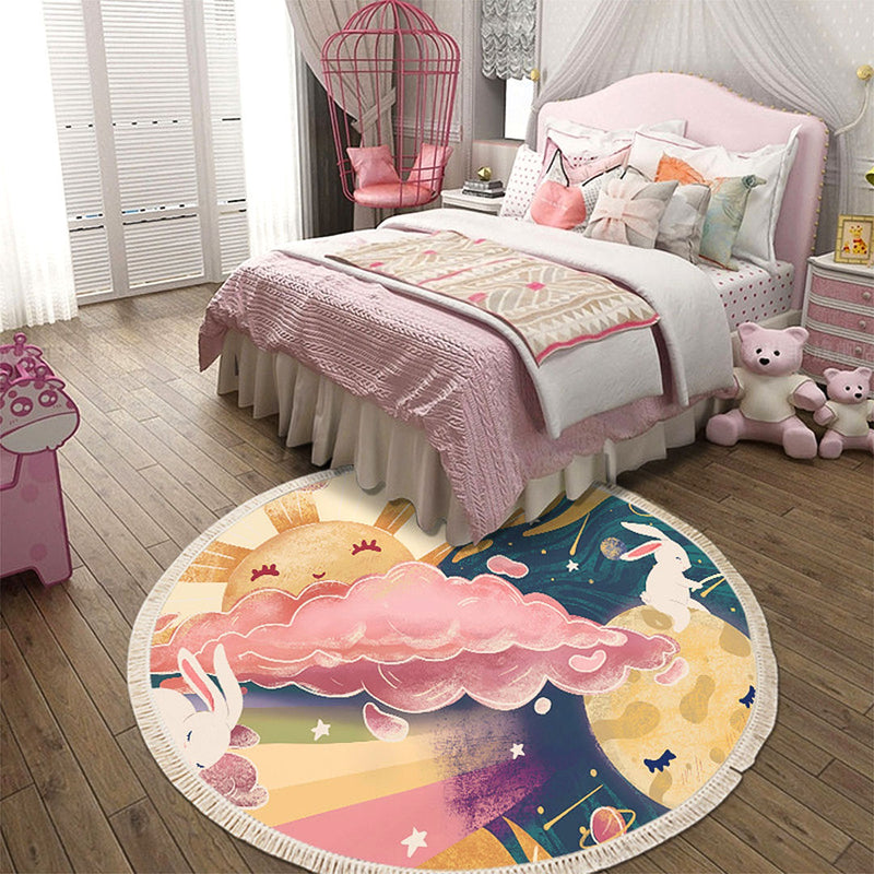 120cm Round Tassels Area Rug Polyester Multicolor Sky Landscape Clouds Non Slip