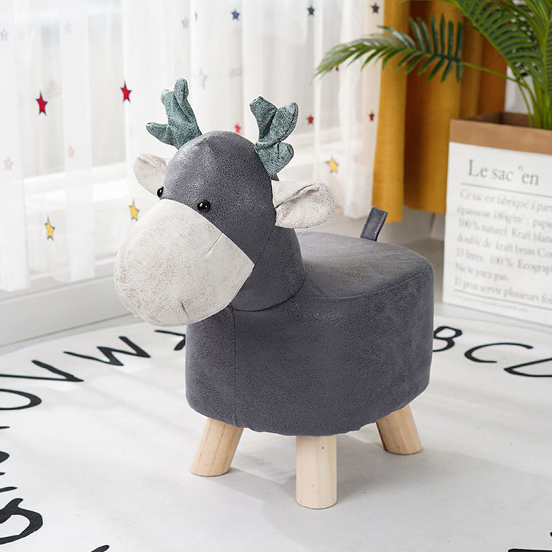 2X Grey Round Children Ottoman Stool Deer Design Polyurethane Solid Pine 28x26cm