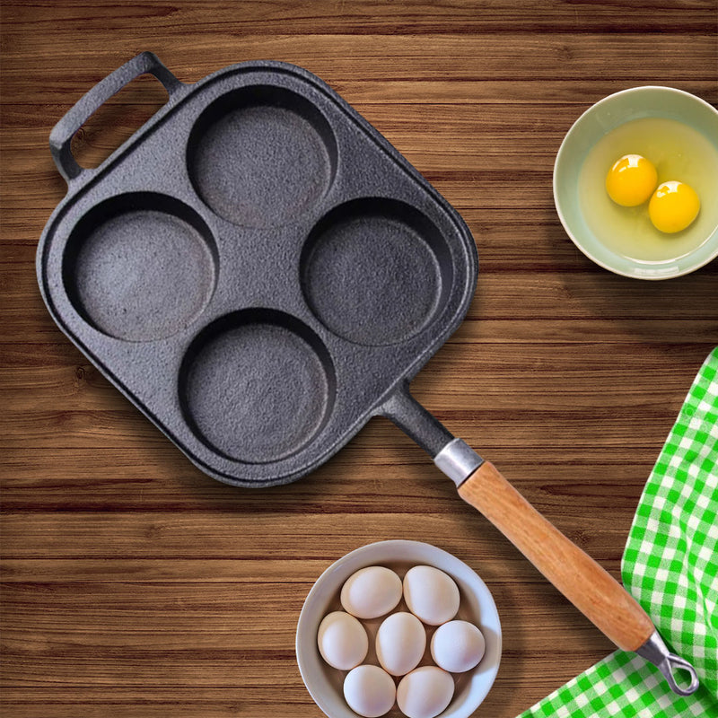 4 Mold Cast Iron Egg Pancake Omelette Pan Wood Handle Non Stick Induction Safe