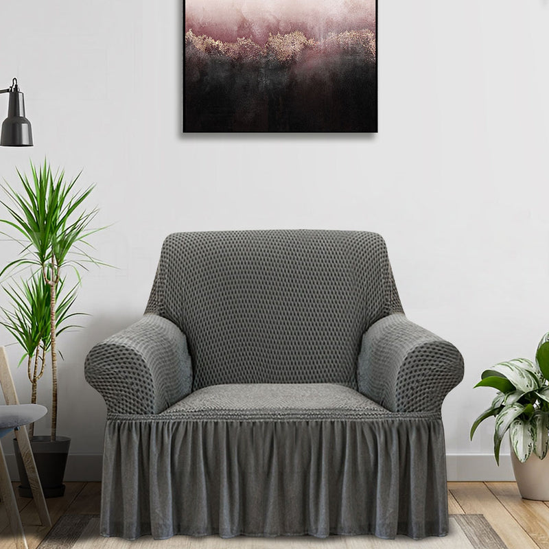 1-Seater Grey Sofa Cover With Ruffled Skirt High Stretch Couch Protector