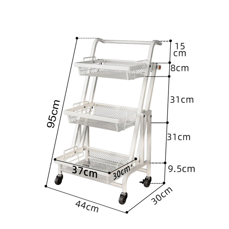 3 Tier Carbon Steel Kitchen Cart Adjustable Shelves Portable Storage White