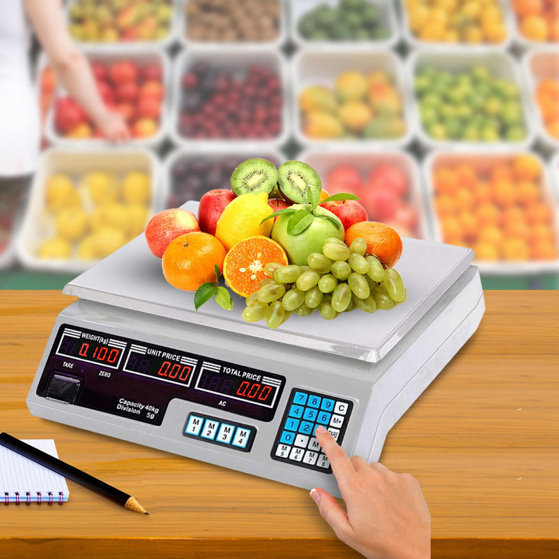 Digital Commercial Kitchen Scale 40kg Capacity Stainless Steel Black LCD Display