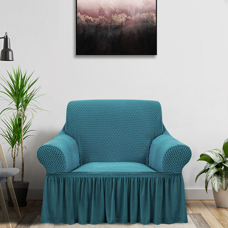 1 Seater Blue Sofa Cover Polyester Stretch Ruffled Skirt 90 To 140cm