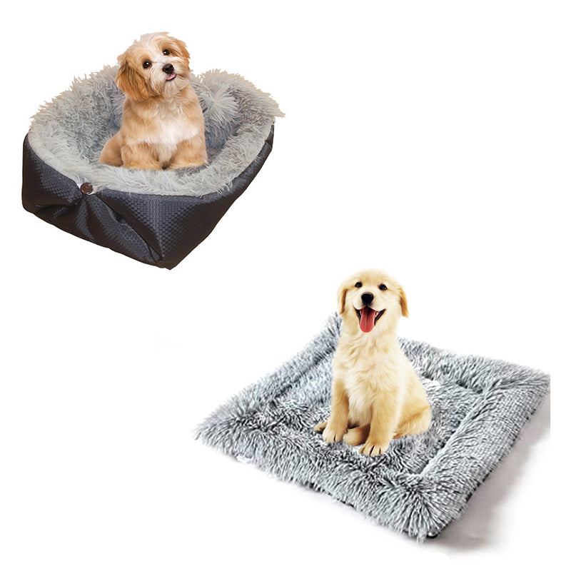 2X Dual Purpose Plush Pet Bed Cushion Mat Cloth 40cmx26cmx13cm Black Anti Slip