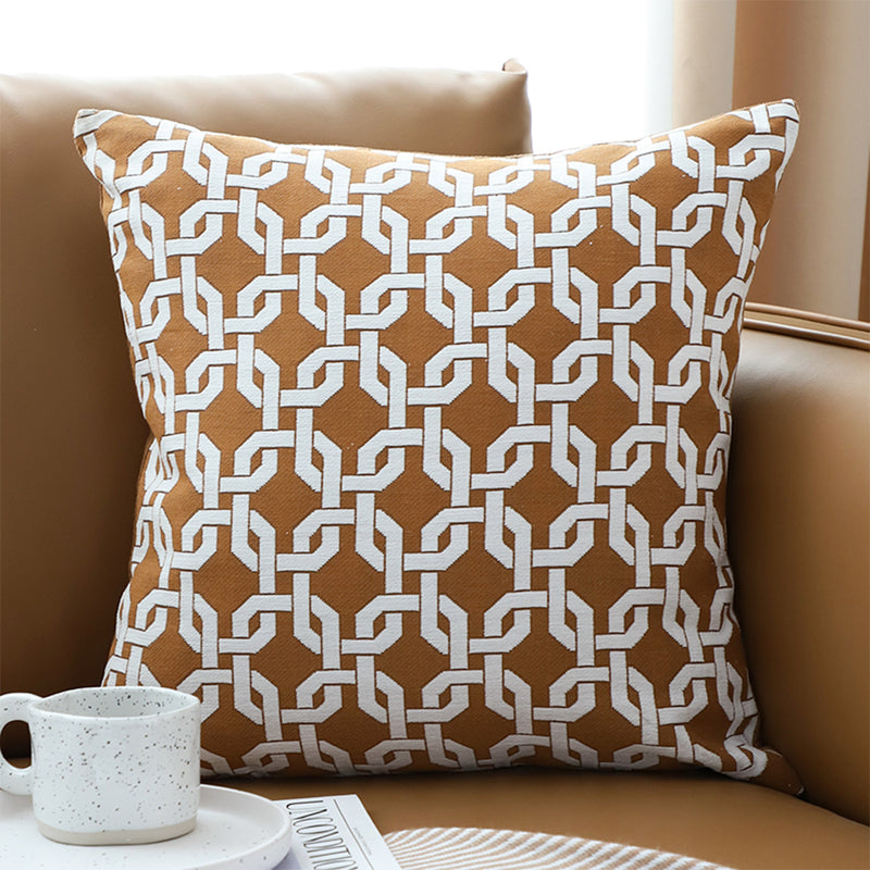 2X 50cm Square Brown Checkered Chain Jacquard Polyester Cotton Throw Pillows