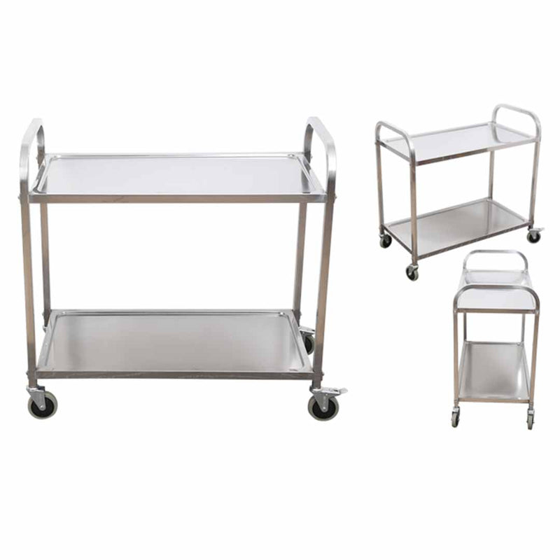2 Tier Stainless Steel Kitchen Trolley 4 Wheels 85x45x90cm Utility Cart