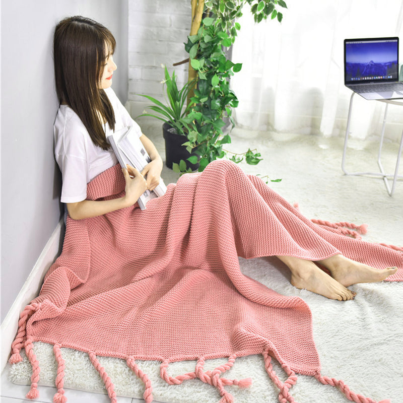 Pink Acrylic Knitted Throw Blanket 130x170cm Tassel Fringe Waffle Weave Cozy