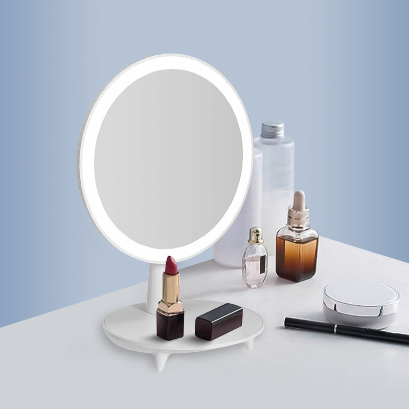 Round White Rechargeable LED Makeup Mirror with Storage and Viewing Angle