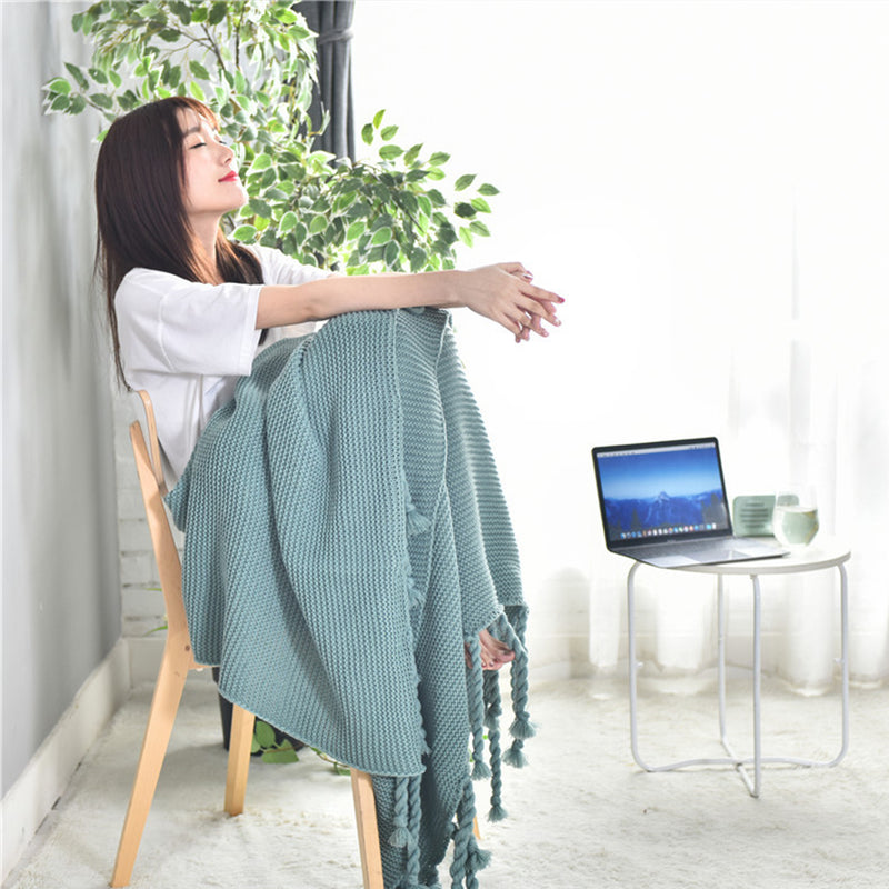 Green Tassel Fringe Knitted Throw Blanket 130x170cm 100% Acrylic Waffle Weave