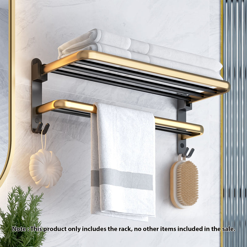 62cm Wall Mounted Double Pole Aluminum Towel Rack Black Gold Hooks Rust Proof