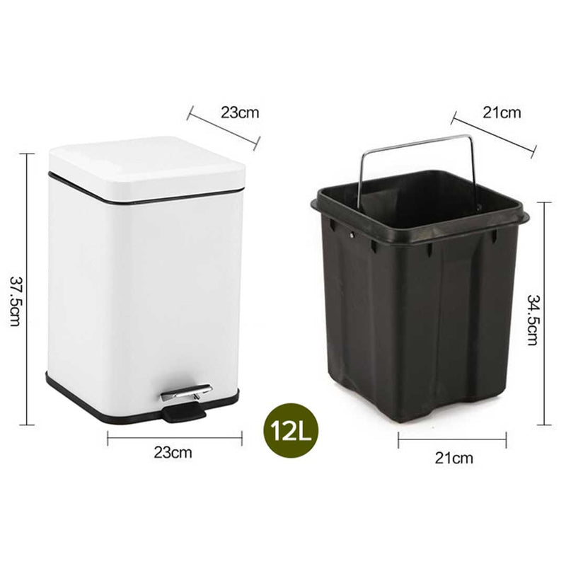 2X 12L Stainless Steel Pedal Bin Square White Soft Close Removable Inner