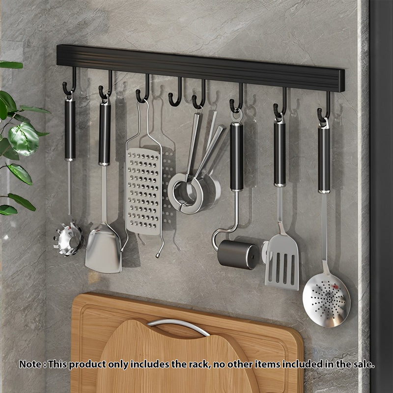 2X Wall Mounted Aluminum Kitchen Utensil Rack 41cm Black Rustproof Hooks