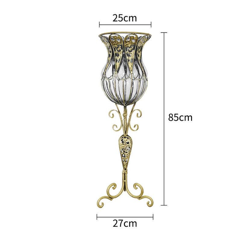 85cm Clear Glass Tall Floor Vase Gold Metal Base 12pcs White Artificial Flowers