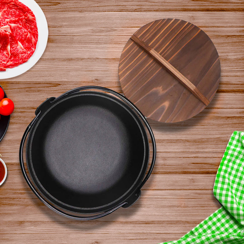 Sukiyaki Nabe 29cm Cast Iron Hot Pot Wooden Lid Stovetop 1 To 2 Person Nonstick