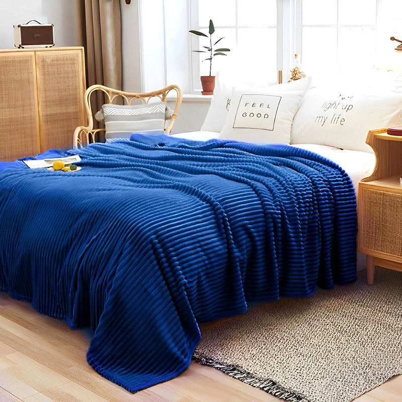 2X Blue Thin Flannel Throw Blanket 200x230cm Warm Cozy Striped Pattern Fleece