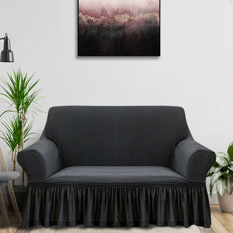 2-Seater Dark Grey Sofa Cover Polyester Ruffled Skirt Stretch Protector